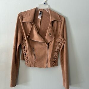 Cropped tan faux suede moto jacket, asymmetrical zip front and lace-up side